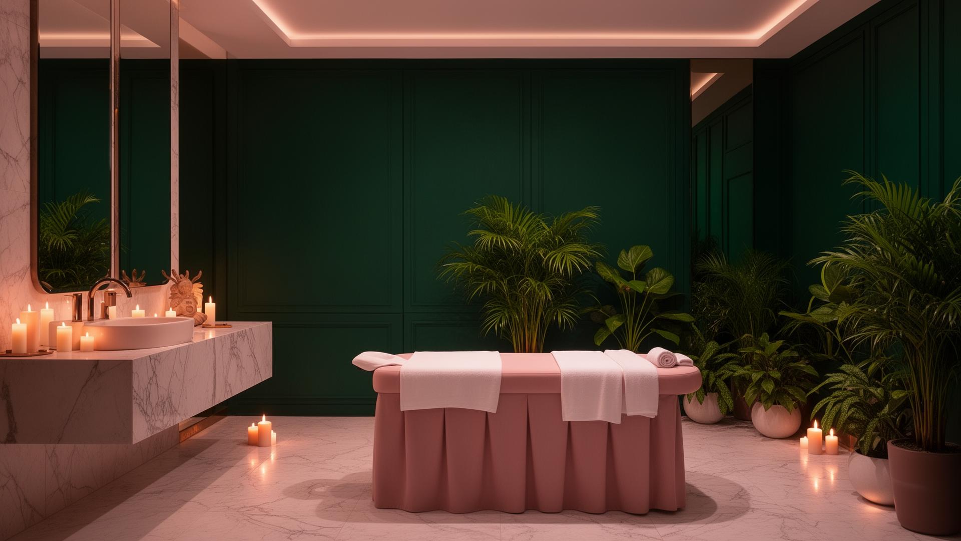 Rigga Dream Massage Spa interior — luxury emerald and rose wellness suite in Deira, Dubai